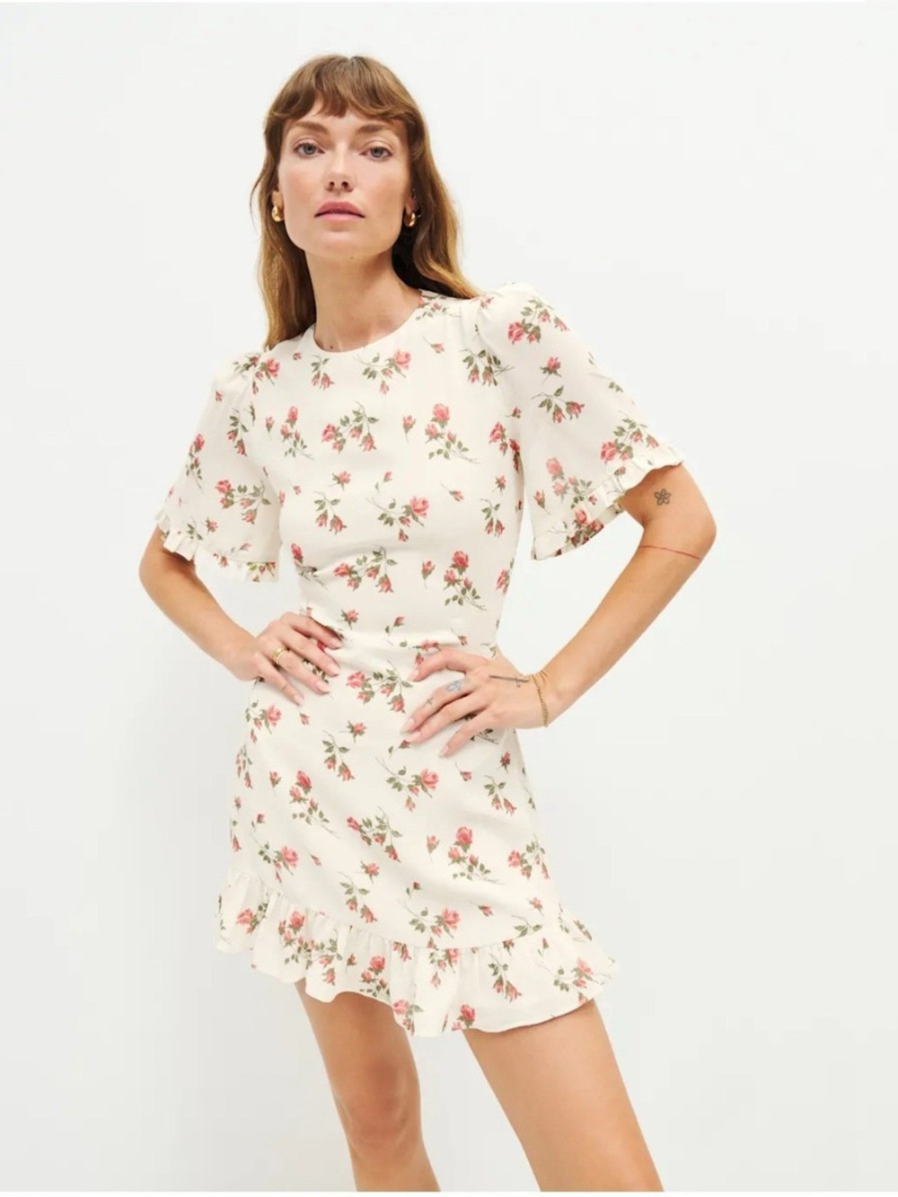Reformation Cream Floral Mini Dress with Pink Blooms